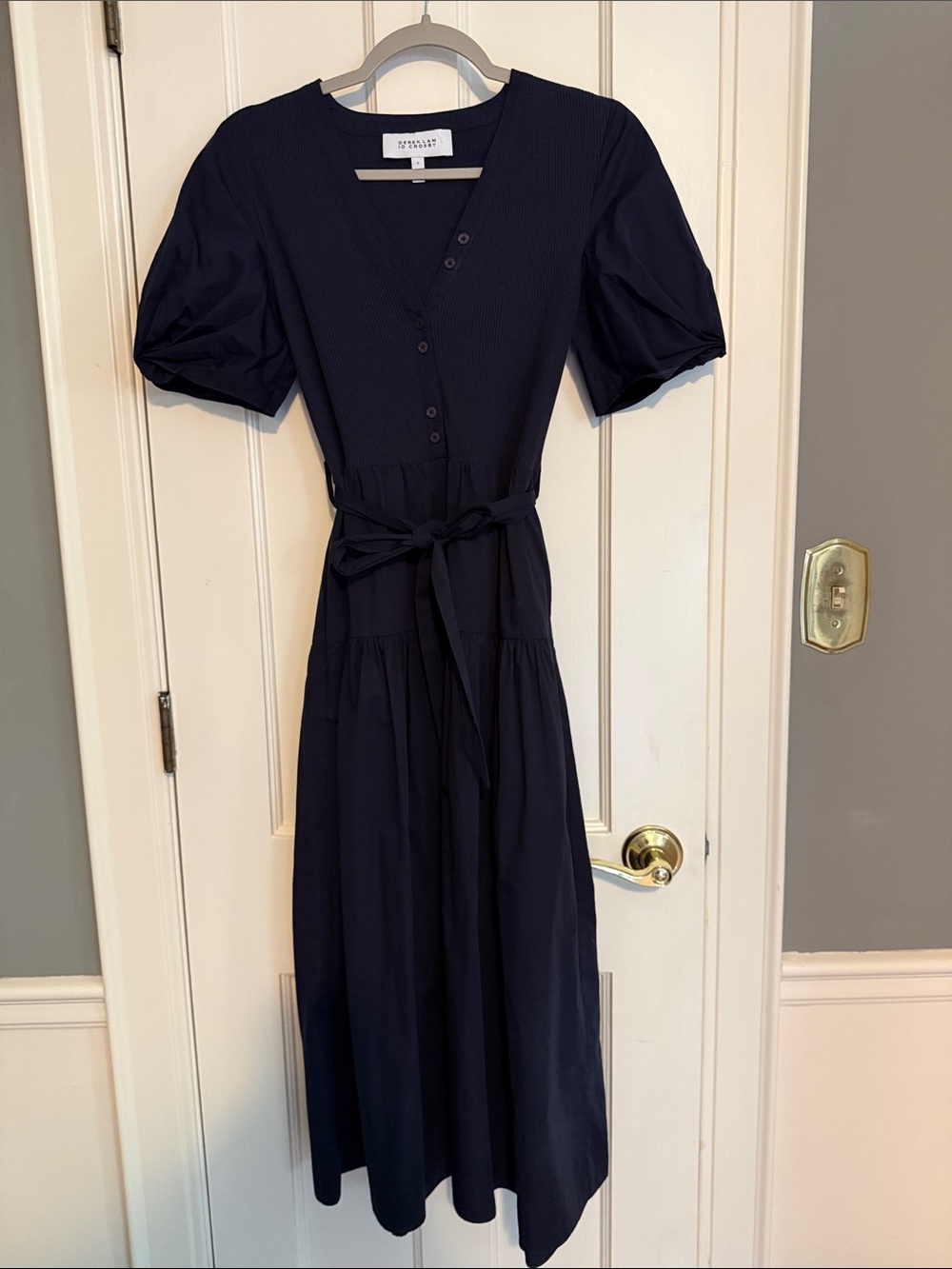 Derek Lam 10 Crosby Navy Puff-Sleeve V-Neck Midi Dress